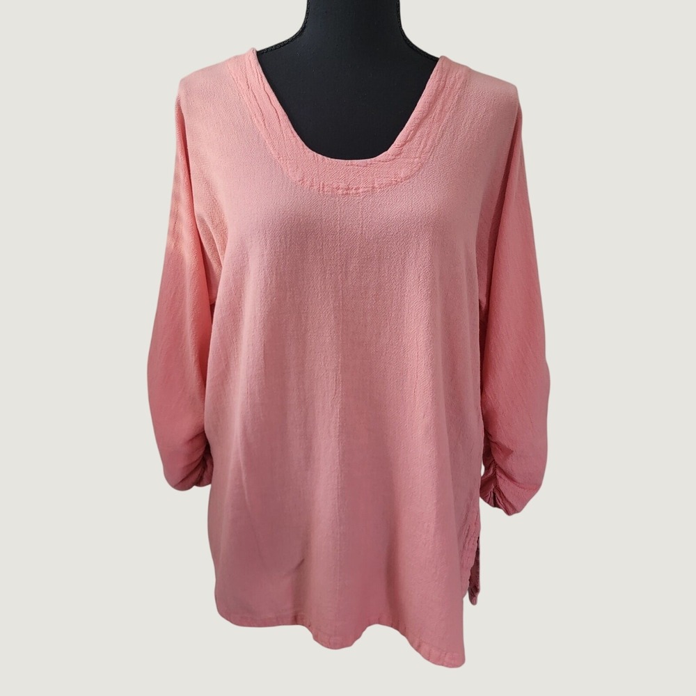 Oh My Gauze Pink Coral Gauze Tunic Blouse Ruched 3/4 Sleeve Sz 1 Lagenlook